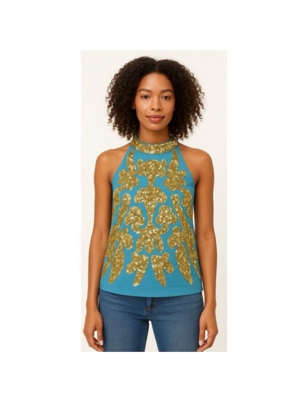 Frances Valentine Sequin Goddess Top in Blue NWT XL blue gold